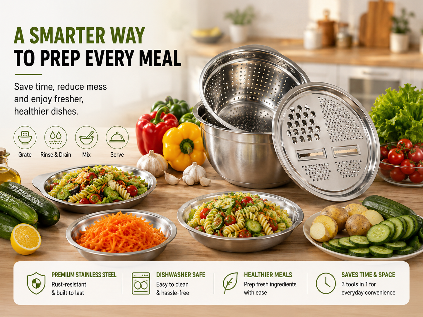 š„Hot Sale 50% OFF š3-in-1 Stainless Steel Grater Bowl & Colander Set