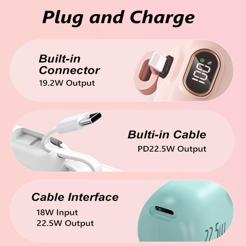 5000mAh Mini Portable Charger with 22.5W Output, Features Two USB Ports (Type-C & USB-A) and Digital Power Display