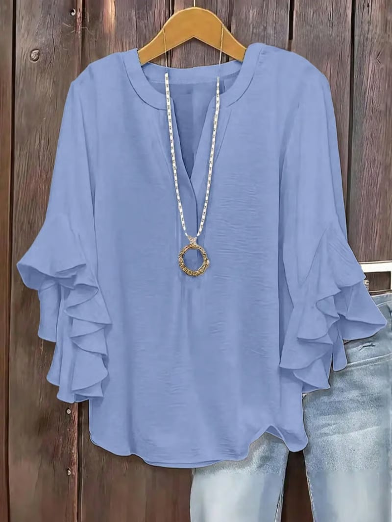 🔥Plus Size Women's Ruffle Sleeve V-Neck Shirt, Elegant Floral Design, Comfortable and Stylish, Perfect for Casual Wear
