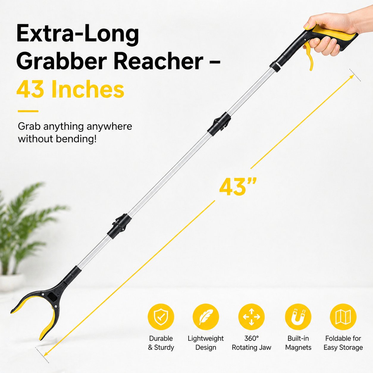 43 Extra Long Grabber Reacher Tool – Heavy Duty with 360° Rotating Jaw & Magnets