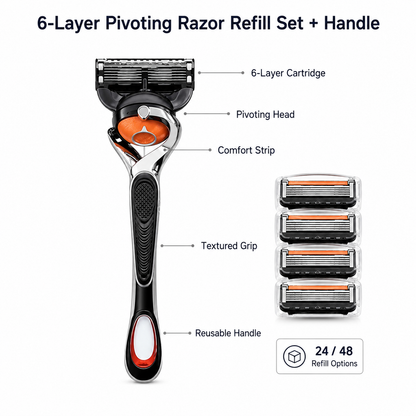 🔥Hot Sale 60% OFF 🎁6-Layer Pivoting Razor Refill Set + Handle – Ultra-Sharp Stainless Blades for Smooth Shave