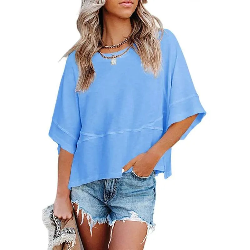 Women's Summer Casual Crewneck Batwing Half Sleeve T-Shirts Solid Color Loose Fit Cute Basic Flowy Tops Tees Blouses