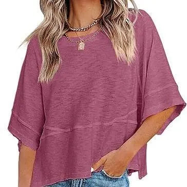 Women's Summer Casual Crewneck Batwing Half Sleeve T-Shirts Solid Color Loose Fit Cute Basic Flowy Tops Tees Blouses