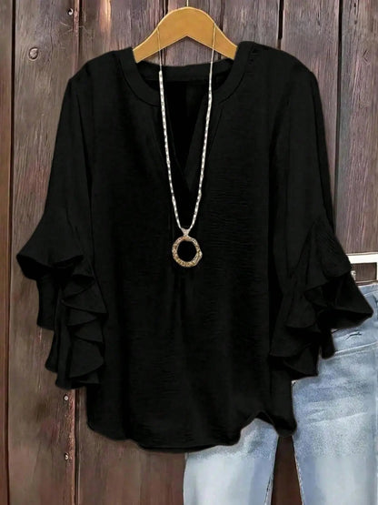 🔥Plus Size Women's Ruffle Sleeve V-Neck Shirt, Elegant Floral Design, Comfortable and Stylish, Perfect for Casual Wear