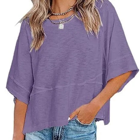Women's Summer Casual Crewneck Batwing Half Sleeve T-Shirts Solid Color Loose Fit Cute Basic Flowy Tops Tees Blouses