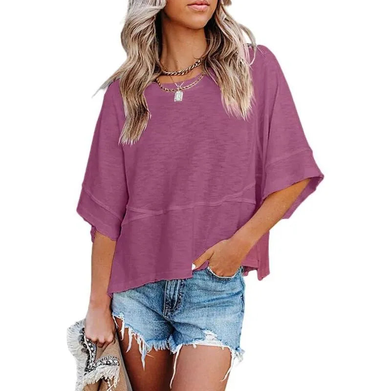 Women's Summer Casual Crewneck Batwing Half Sleeve T-Shirts Solid Color Loose Fit Cute Basic Flowy Tops Tees Blouses