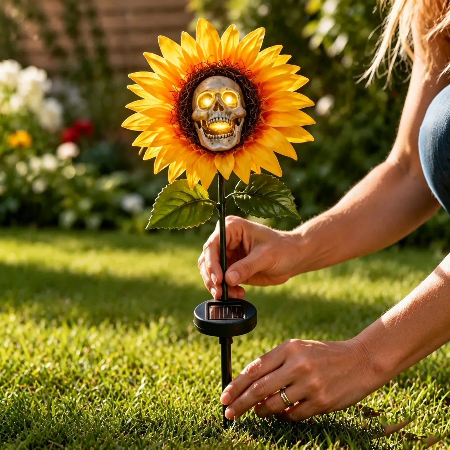 🔥LAST DAY 60% OFF💀Solar Sunflower Skull Stake Lights - Waterproof LED Halloween Pathway Decor