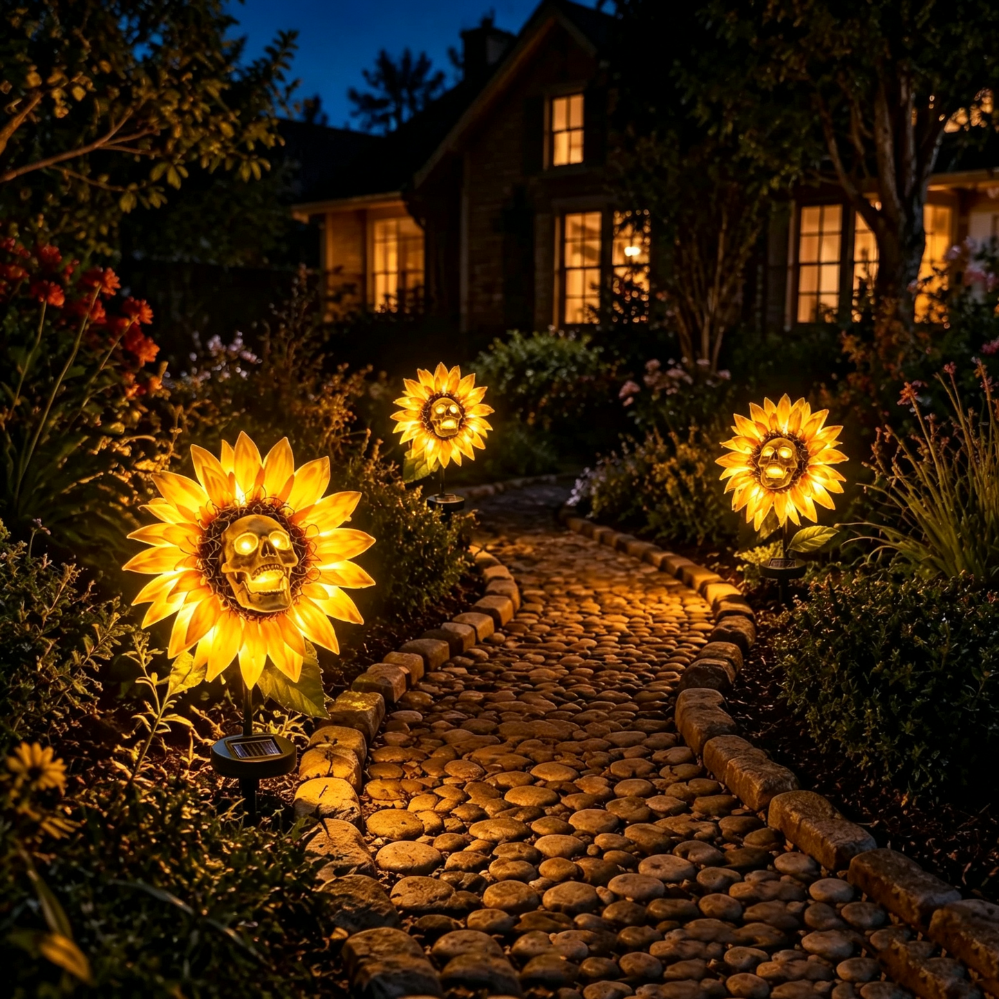 🔥LAST DAY 60% OFF💀Solar Sunflower Skull Stake Lights - Waterproof LED Halloween Pathway Decor