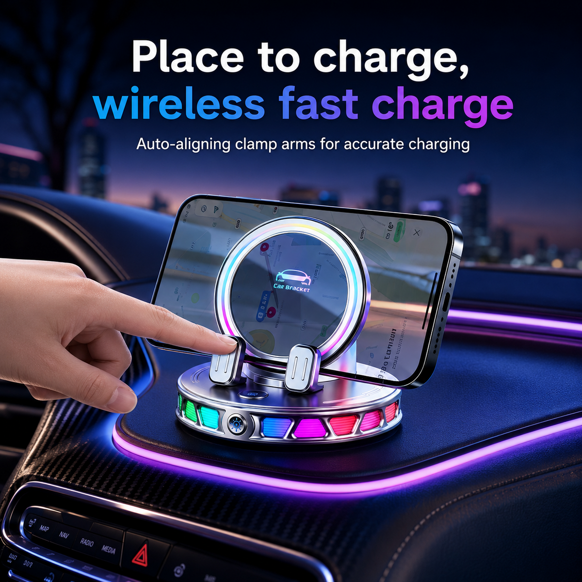 🔥hot sale🔥360° Rotating Wireless Charging Car Phone Mount with RGB Light