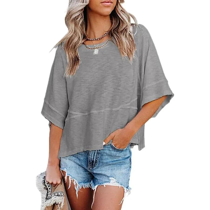 Women's Summer Casual Crewneck Batwing Half Sleeve T-Shirts Solid Color Loose Fit Cute Basic Flowy Tops Tees Blouses