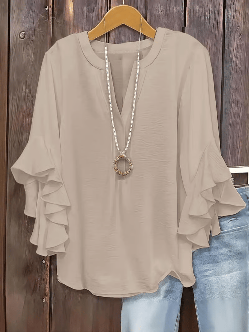 🔥Plus Size Women's Ruffle Sleeve V-Neck Shirt, Elegant Floral Design, Comfortable and Stylish, Perfect for Casual Wear