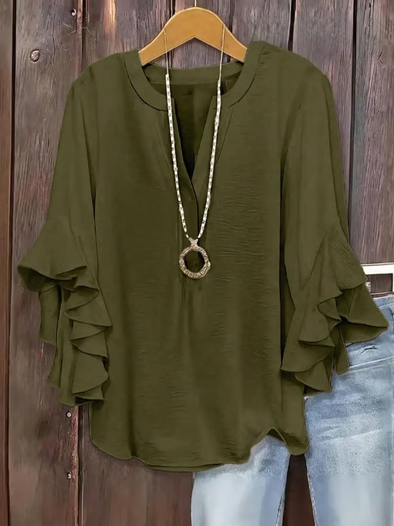 🔥Plus Size Women's Ruffle Sleeve V-Neck Shirt, Elegant Floral Design, Comfortable and Stylish, Perfect for Casual Wear