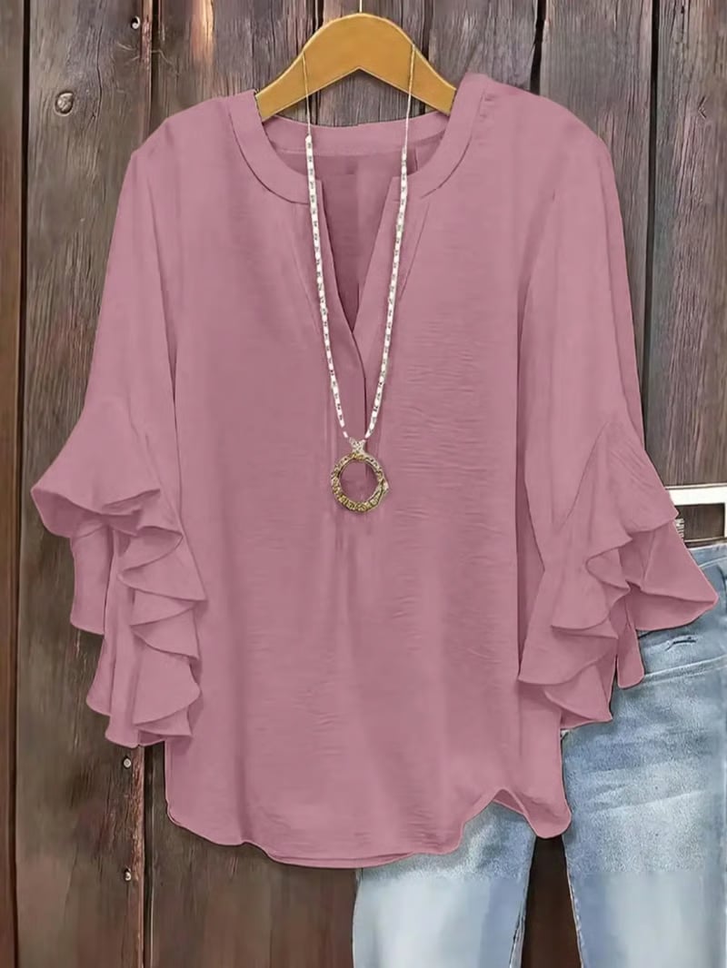🔥Plus Size Women's Ruffle Sleeve V-Neck Shirt, Elegant Floral Design, Comfortable and Stylish, Perfect for Casual Wear