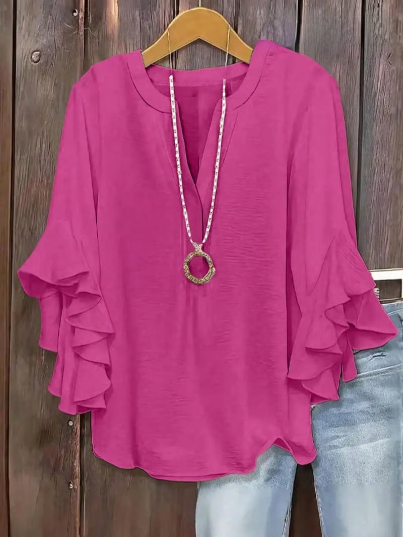 🔥Plus Size Women's Ruffle Sleeve V-Neck Shirt, Elegant Floral Design, Comfortable and Stylish, Perfect for Casual Wear
