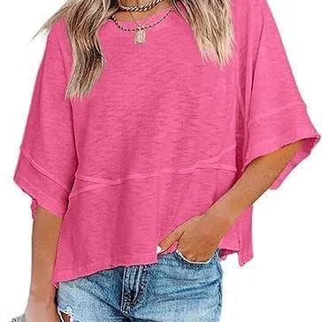Women's Summer Casual Crewneck Batwing Half Sleeve T-Shirts Solid Color Loose Fit Cute Basic Flowy Tops Tees Blouses