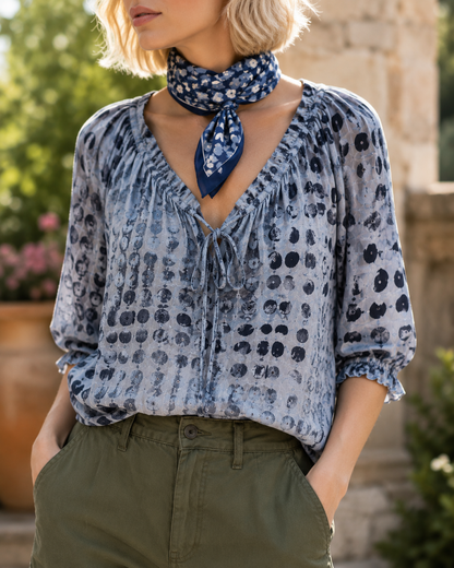 Women’s Polka Dot Lace-Up Ruffle Sleeve Blouse