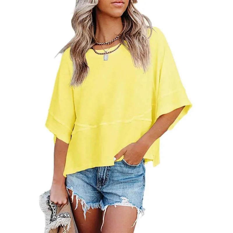 Women's Summer Casual Crewneck Batwing Half Sleeve T-Shirts Solid Color Loose Fit Cute Basic Flowy Tops Tees Blouses