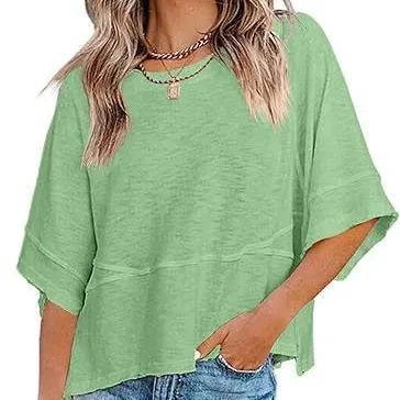 Women's Summer Casual Crewneck Batwing Half Sleeve T-Shirts Solid Color Loose Fit Cute Basic Flowy Tops Tees Blouses