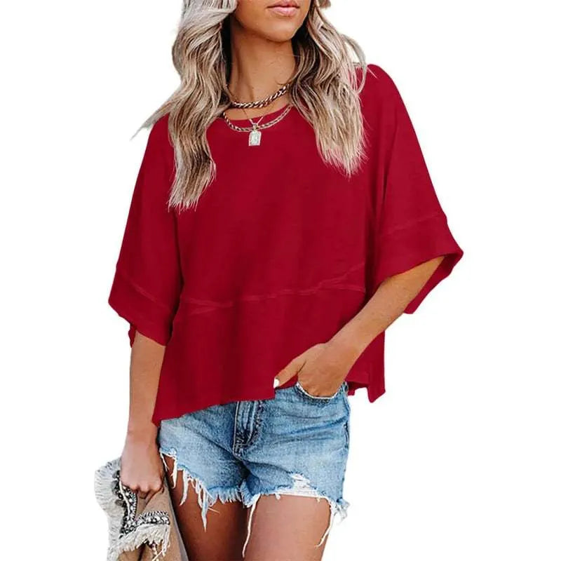 Women's Summer Casual Crewneck Batwing Half Sleeve T-Shirts Solid Color Loose Fit Cute Basic Flowy Tops Tees Blouses