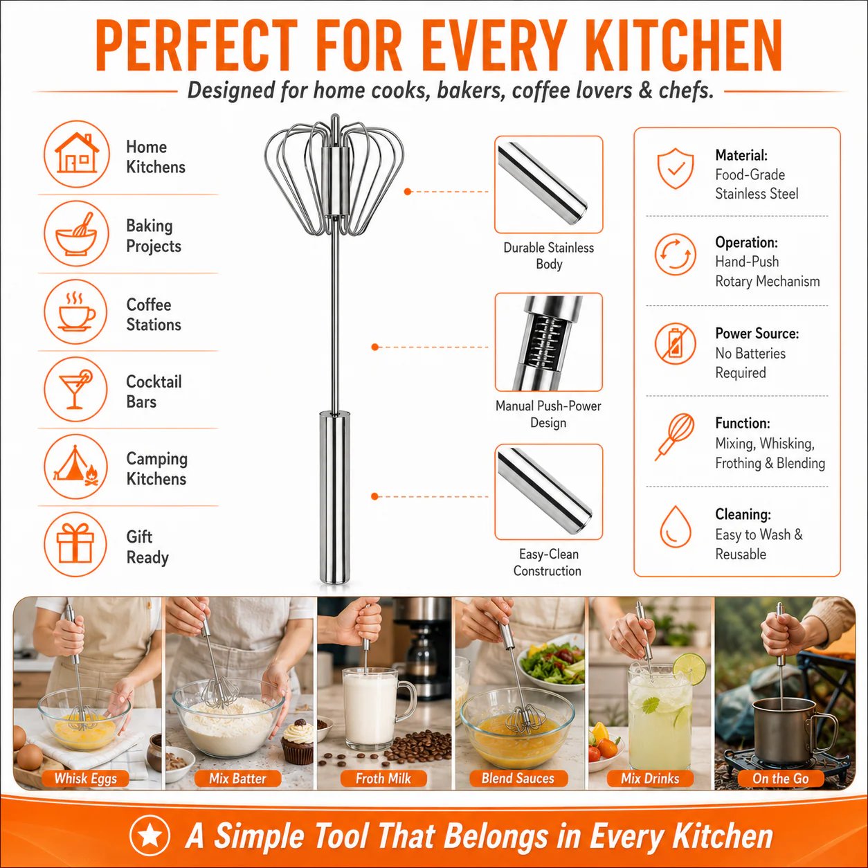 🥄✨ Stainless Steel Hand-Push Rotary Whisk – Effortless Mixing in Seconds!